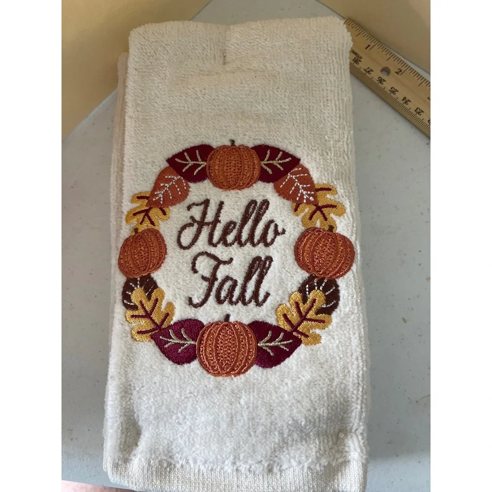 Hello Fall Guest Towels Set of 2 Embroidered Pumpkin Autumn Harvest 12x18 Cotton